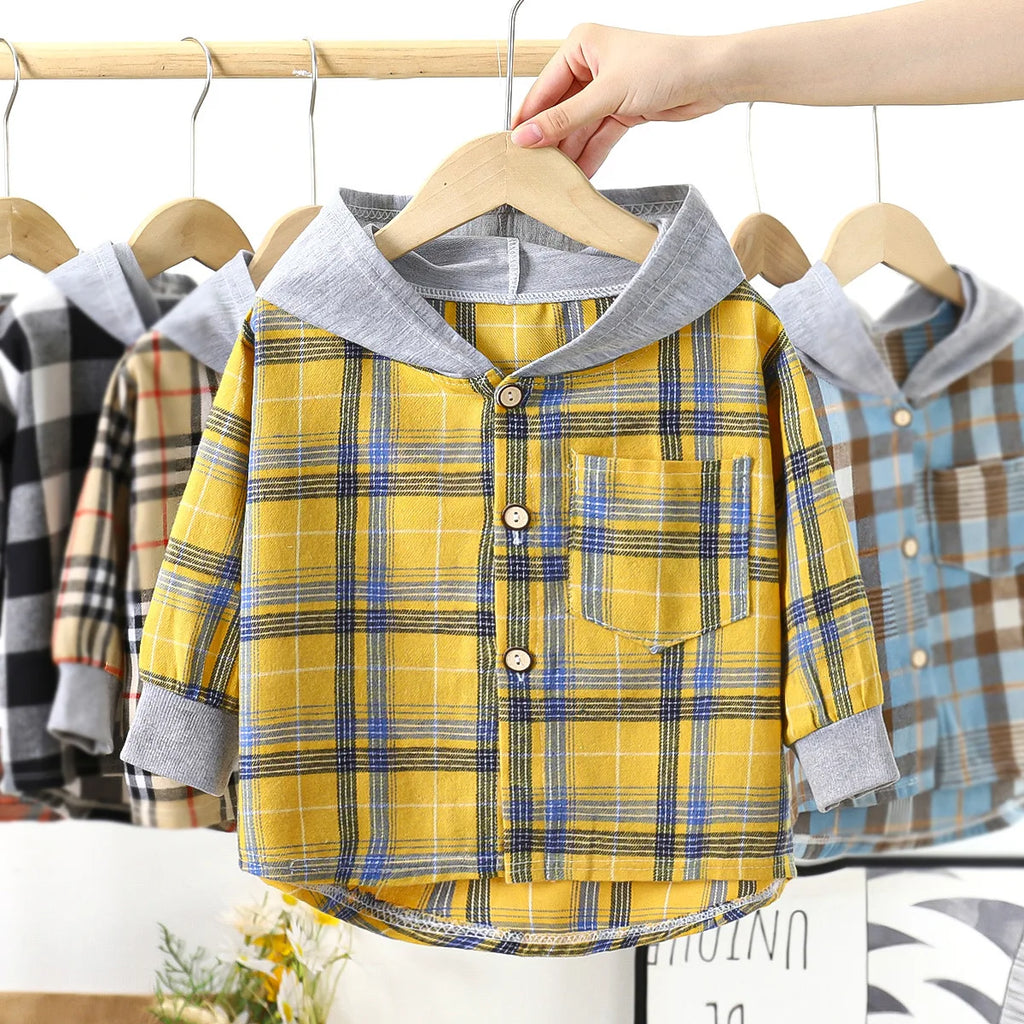 Children Shirts Girls and Boys Hooded Shirts Kids Combed Cotton Plaid Tops Spring and Autumn Long-Sleeved V-Neck Casual Coat