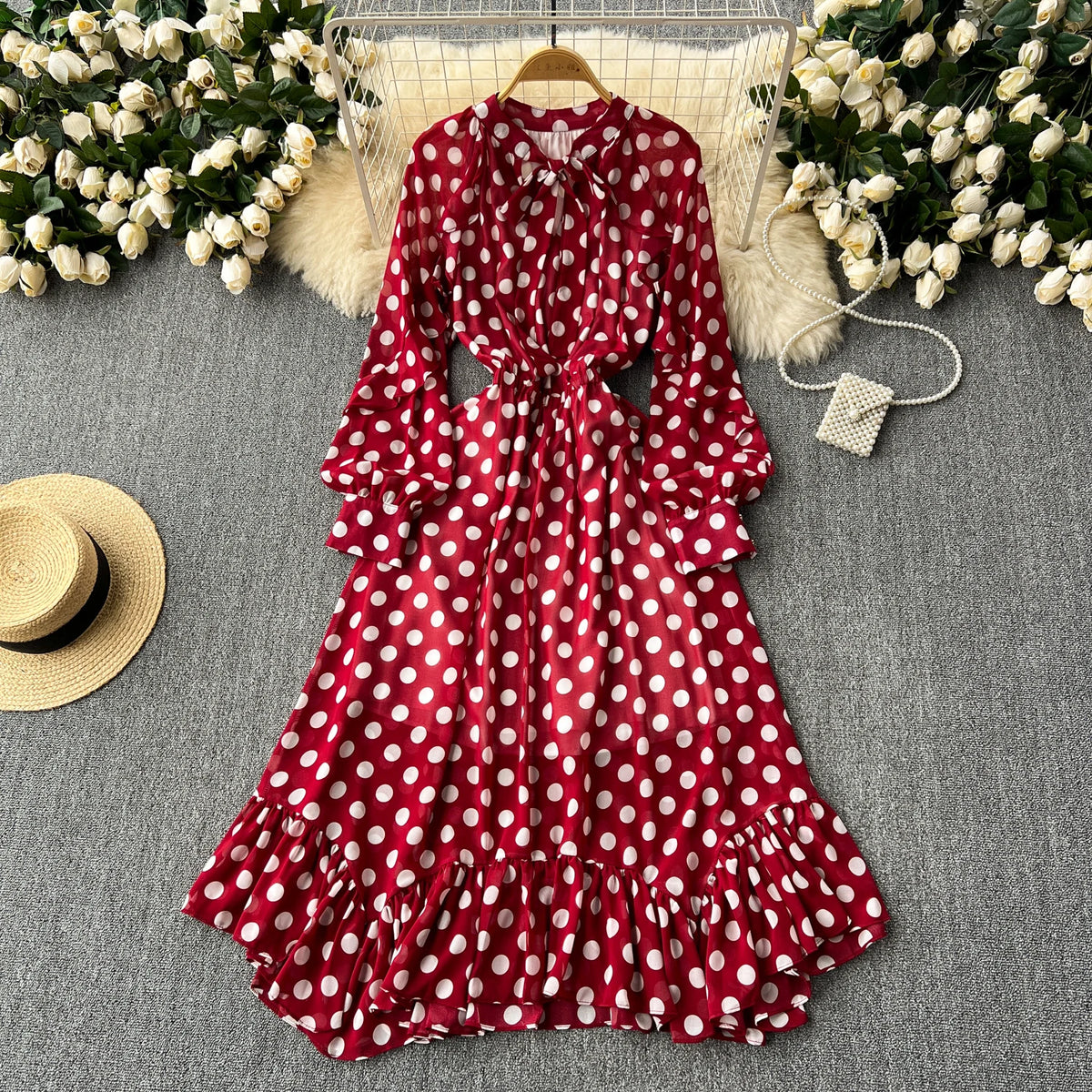 Retro Elegant Pleated Puff Sleeves dot sweet Dress Beach Vacation Casual Women A-LINE chiffon Fashion Summer basics Dresses
