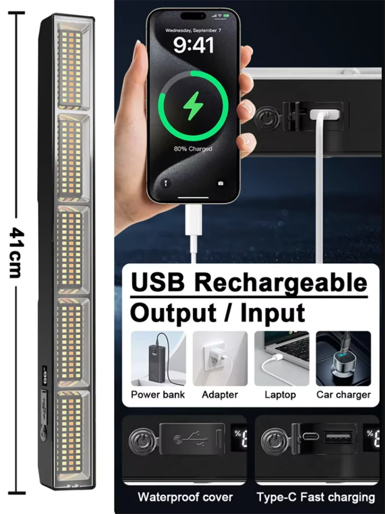 【High Power Magnetic LED Light Bar】2026 New Portable USB Rechargeable Work Light 3 Modes IP66 Waterproof Emergency Power Bank