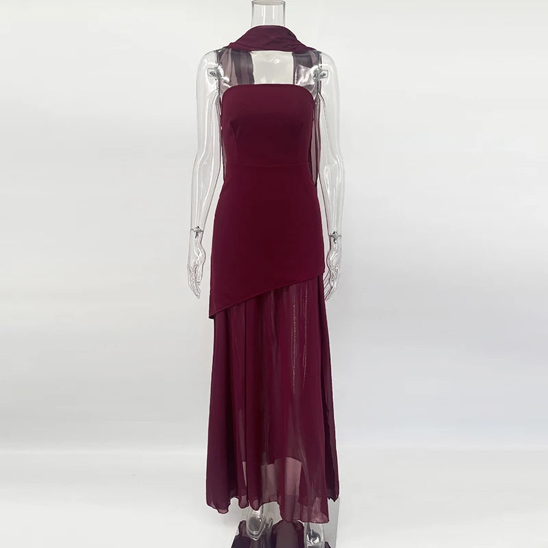 2025 New Strapless Dress With Ribbon Women's Elegant Sleeveless Mesh Beach Vacation Long Dress Spring Fashion Lady Dress