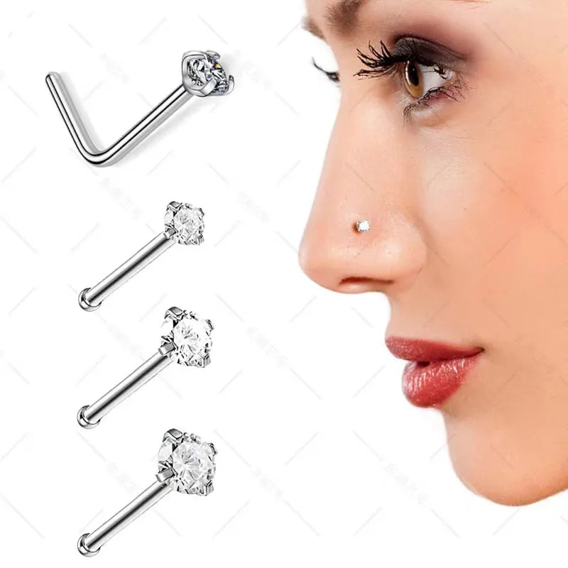 4/12PCS 20G 316L Stainless Steel Zircon Nose Piercing Stud for Women Men, L Shape Nose Ring Nose Screw Nose Piercing Jewelry
