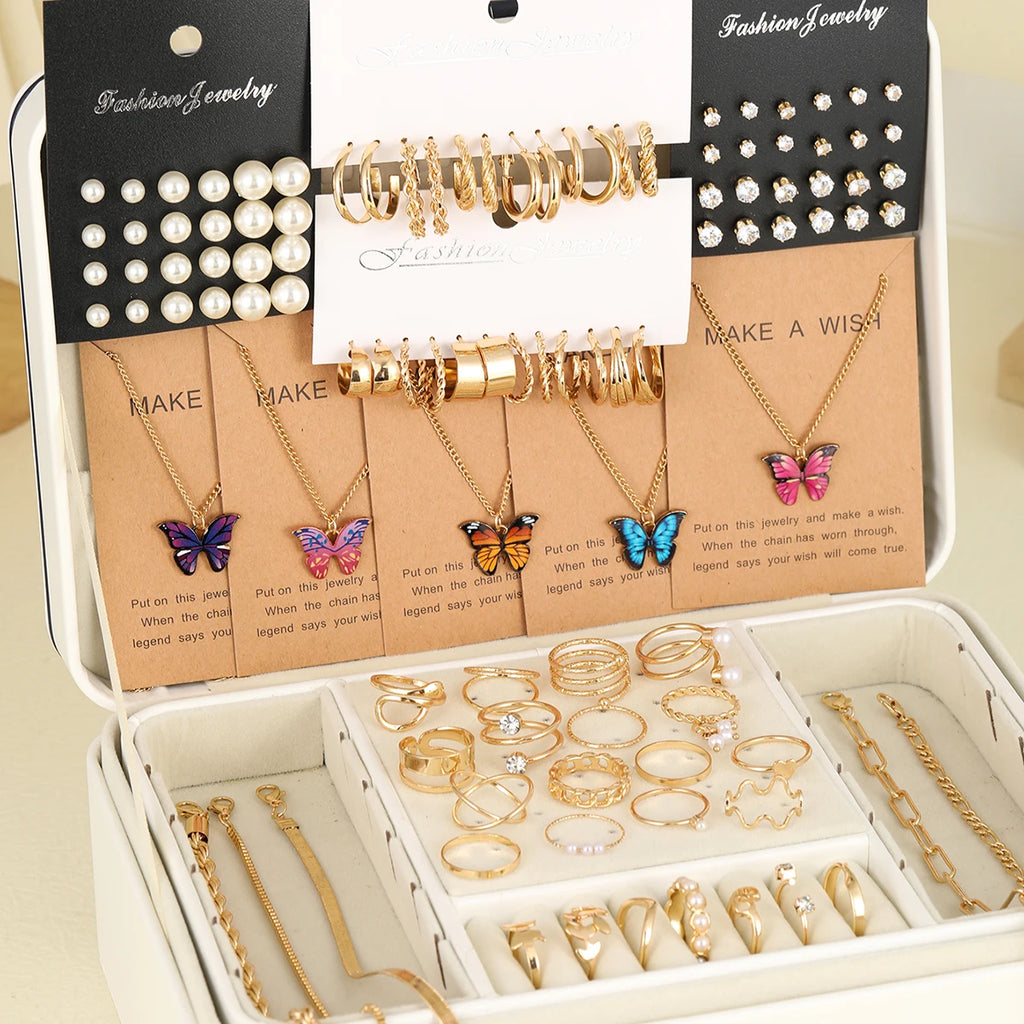 104 Pcs/Set Fashion Metal Pearl Zircon Earrings  Butterfly Necklaces Bracelets Rings Combinations Jewelry Sets For Women's Gifts