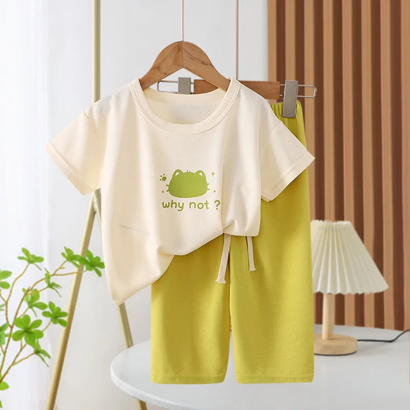 New Spring Summer Girls Clothing Set Letter Cartoon Frog Print Comfortable T-shirt+Pants 2Pcs Suit For Kids Children Outfit