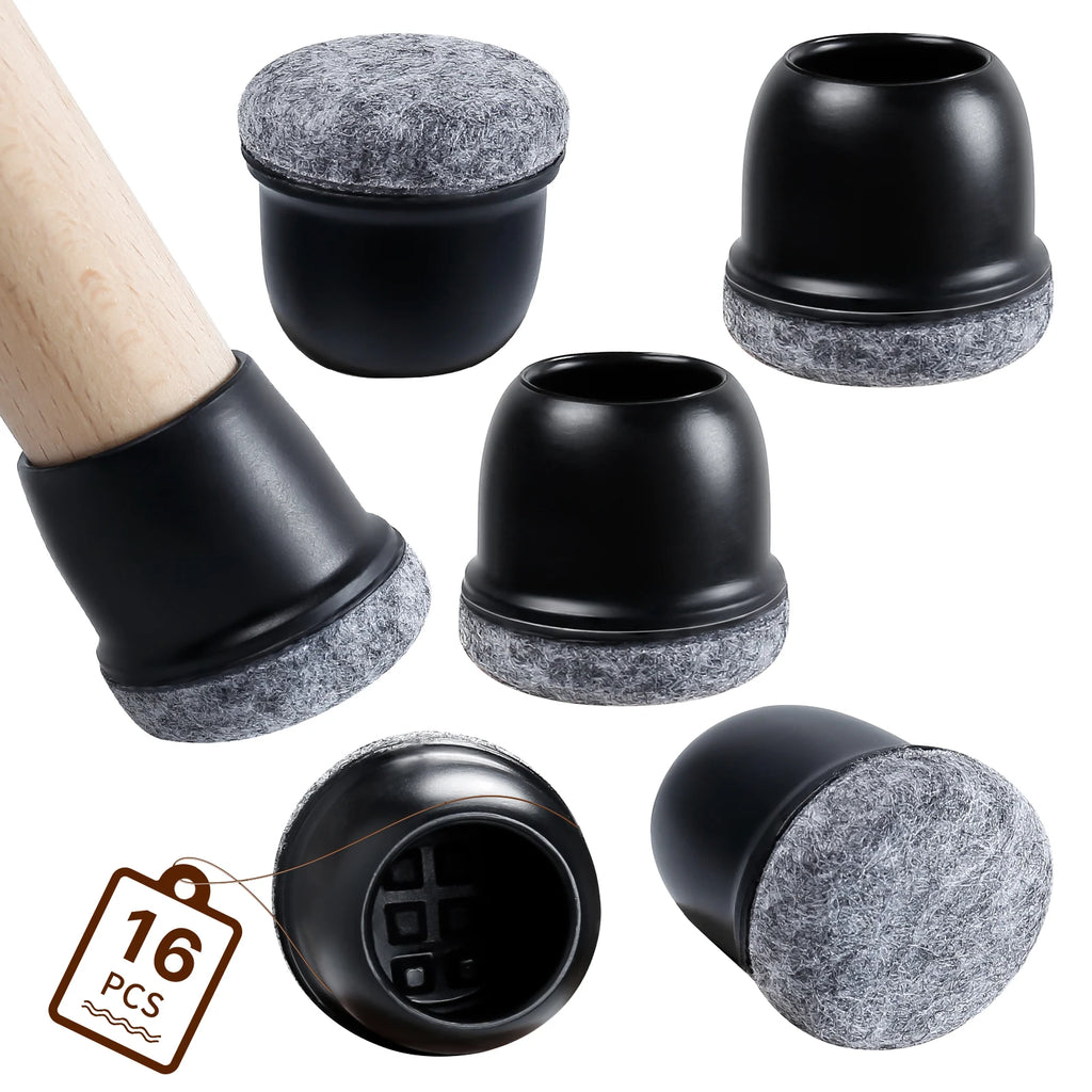 16PCS Black Silicone Chair Leg Floor Protectors with Wrapped Felt Bar Stool Chair Leg Caps Furniture Leg Feet Protection Cover