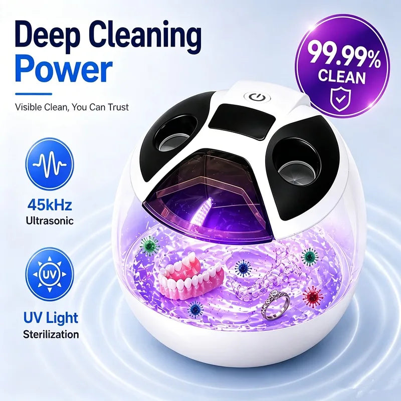 Dental Cleaning Pod 45kHz Ultrasonic Retainer UV Cleaner Machine Digital Timer 2 Modes 200ML Capacity for Dentures Mouth Guards