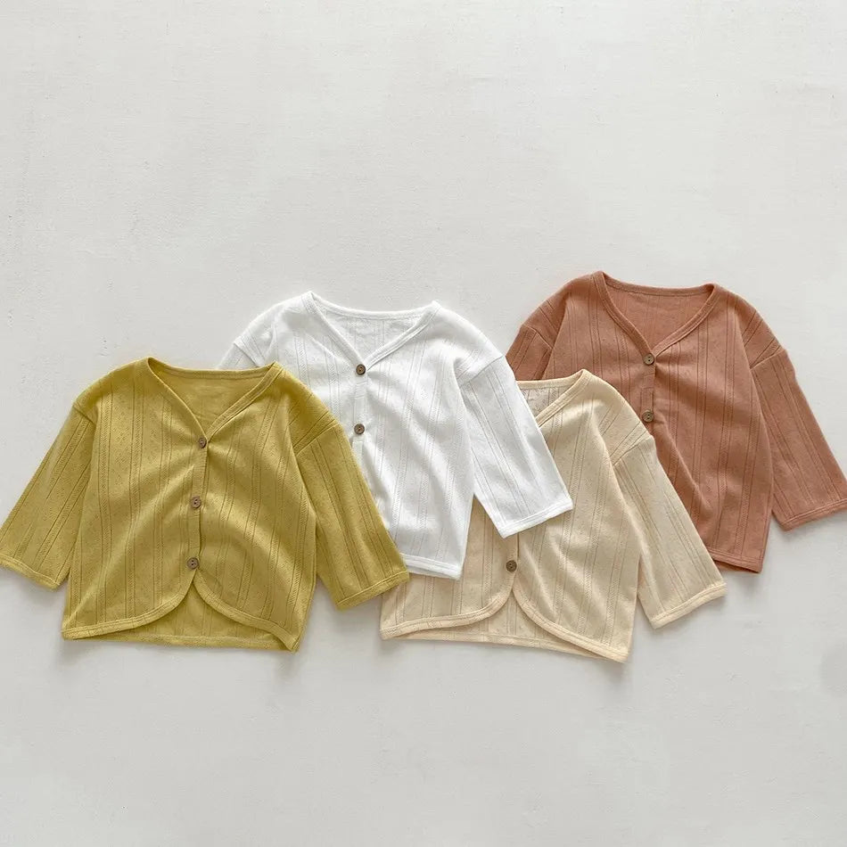 2025 Korean Cardigan Toddler Tops Kids Solid Color Coat Infant Lightweight Casual Outerwear Boys Girls Button Down Summer Jacket