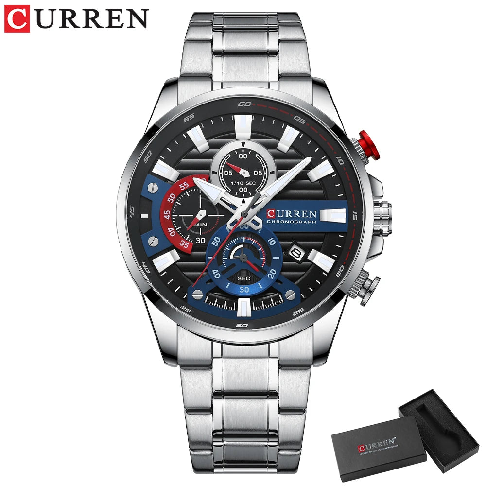 CURREN Sports Casual Quartz Wristwatches with Chronograph Fashion Stainless Steel Men's Watch Auto Date Clock Male with Box