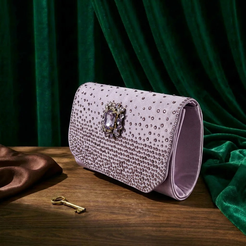 Elegant Lilac Satin Pointed Pumps Decoration Wavy Rhinestone Evening Bag For Wedding Women Heels Shoes Matching Bag Heels S