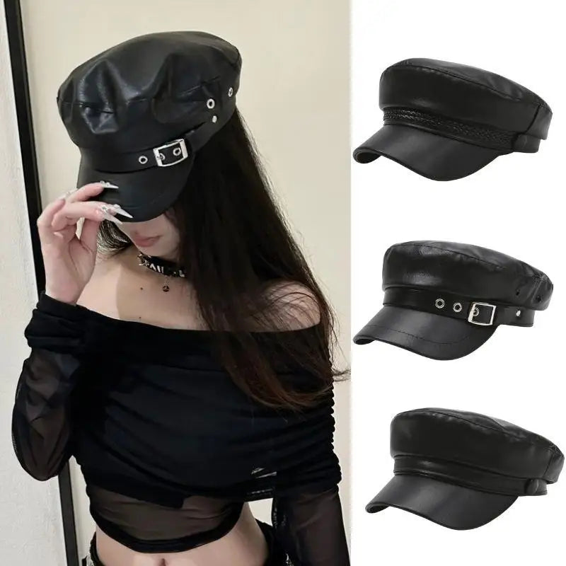 New PU Leather Beret Hat Autumn And Winter Versatile Beret Retro Flat Top Visor Adjustable Black Painter Hat Octagonal Cap