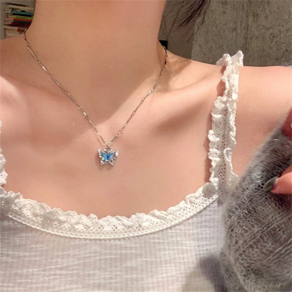 Romantic Blue Crystal Butterfly Necklace for Women Girls Bilayer Choker Clavicle Chain Fashion Delicate Zircon Sparkling Pendant