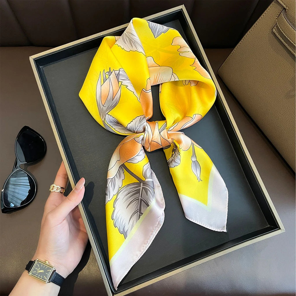 2025 New Yellow Lemon Print Square Silk Scarf for Women 70*70cm Neck Ties Fashion Decorate Neckerchief Female Hijab Bag Ribbions
