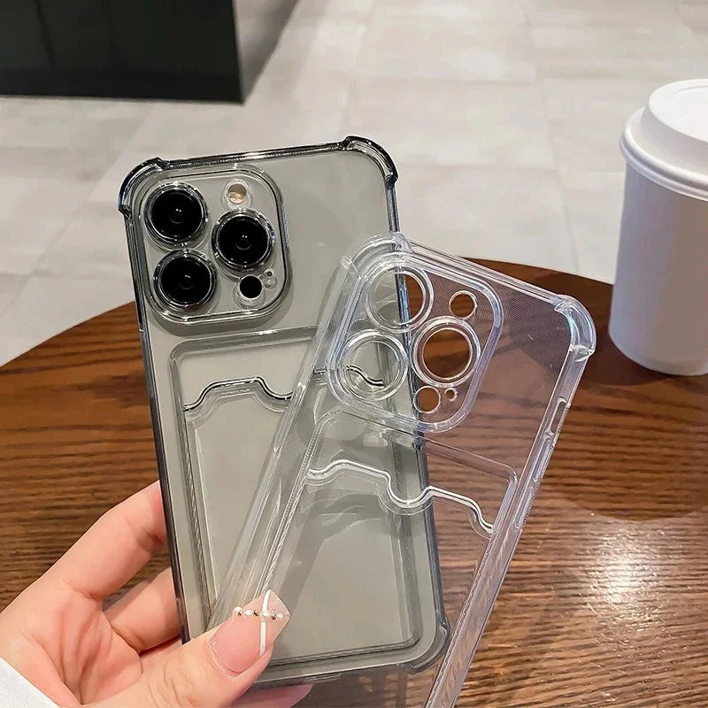 Transparent Card Bag Holder Phone Case For iPhone 11 12 13 14 15 16 17 18 Pro Max Plus AIr Wallet Shockproof Cover