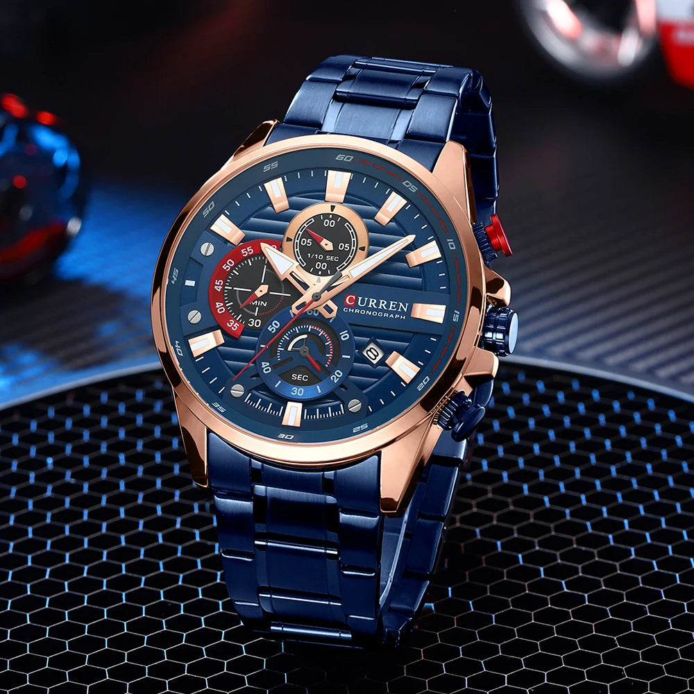CURREN Sports Casual Quartz Wristwatches with Chronograph Fashion Stainless Steel Men's Watch Auto Date Clock Male with Box