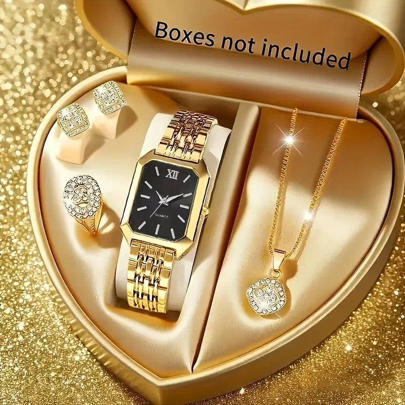 5PCS Elegant Rectangle Rhinestone Quartz Watch Jewelry Set Fashion Women Watches Reloj Mujer Girl Clock Gift（Without Box）