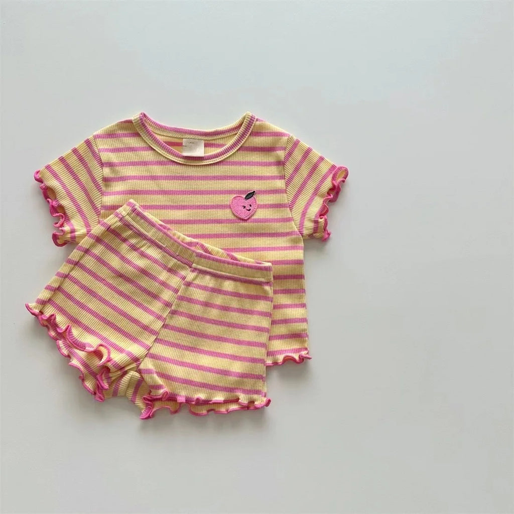 Children's Clothing 0-3 Year Old Summer New Striped Pure Cotton Boy T-Shirt Shorts Set Beach Vacation Girl Short Sleeved Set