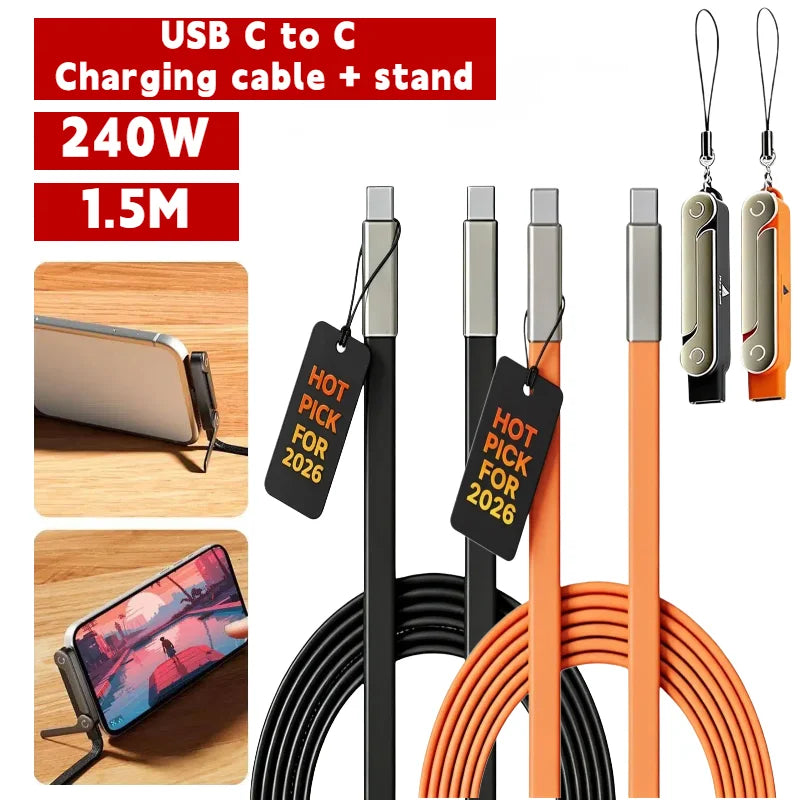 240W 2-in-1 Black/Orange Fast Charging Foldable Bracket Data Cable Type-C to Type-C Data Wire with Phone Tablet Stand