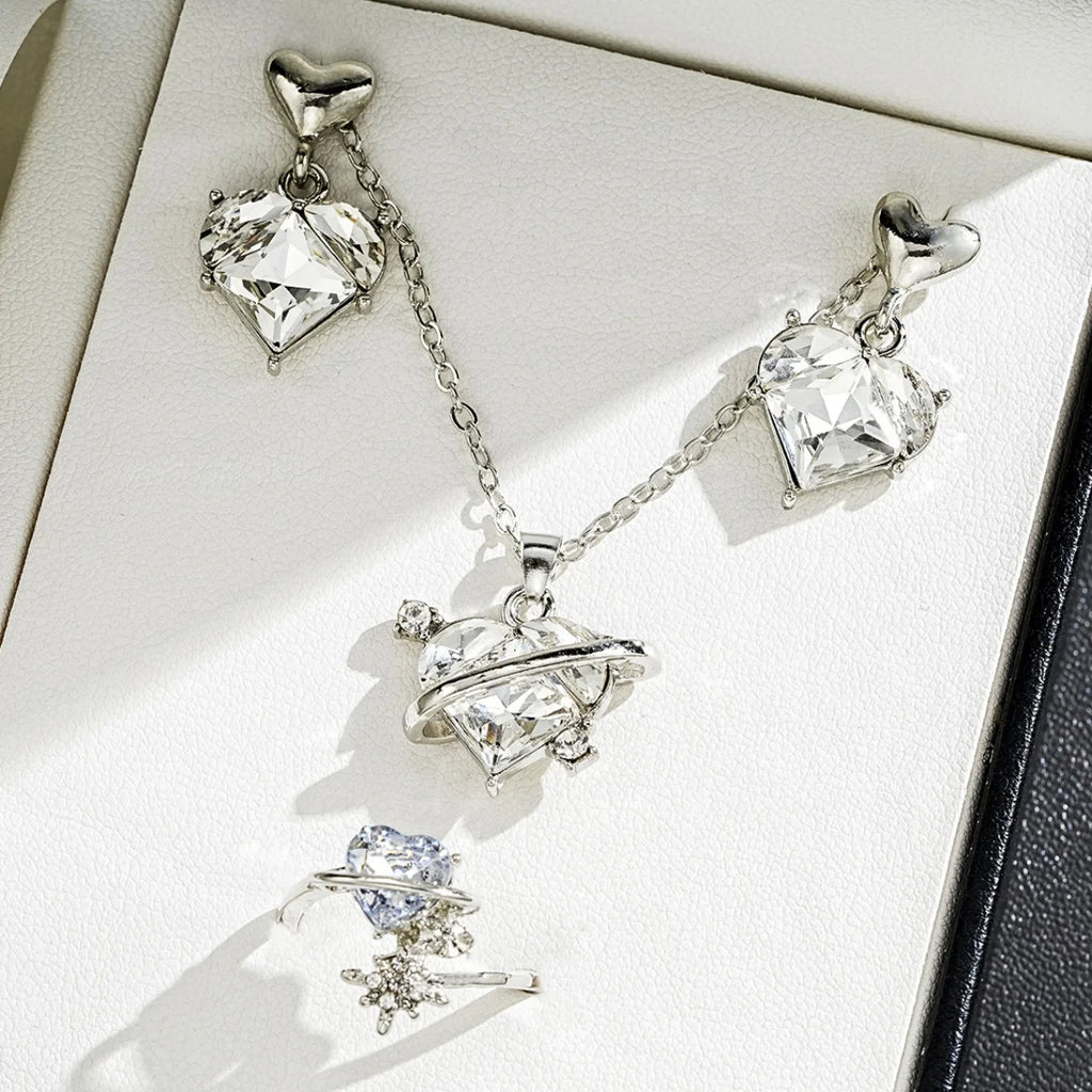 4 Pieces Love Pink Crystals Sweet Earrings Necklaces And Rings Jewelry Set Lightweight And Versatile For Women Mother's Day Gift