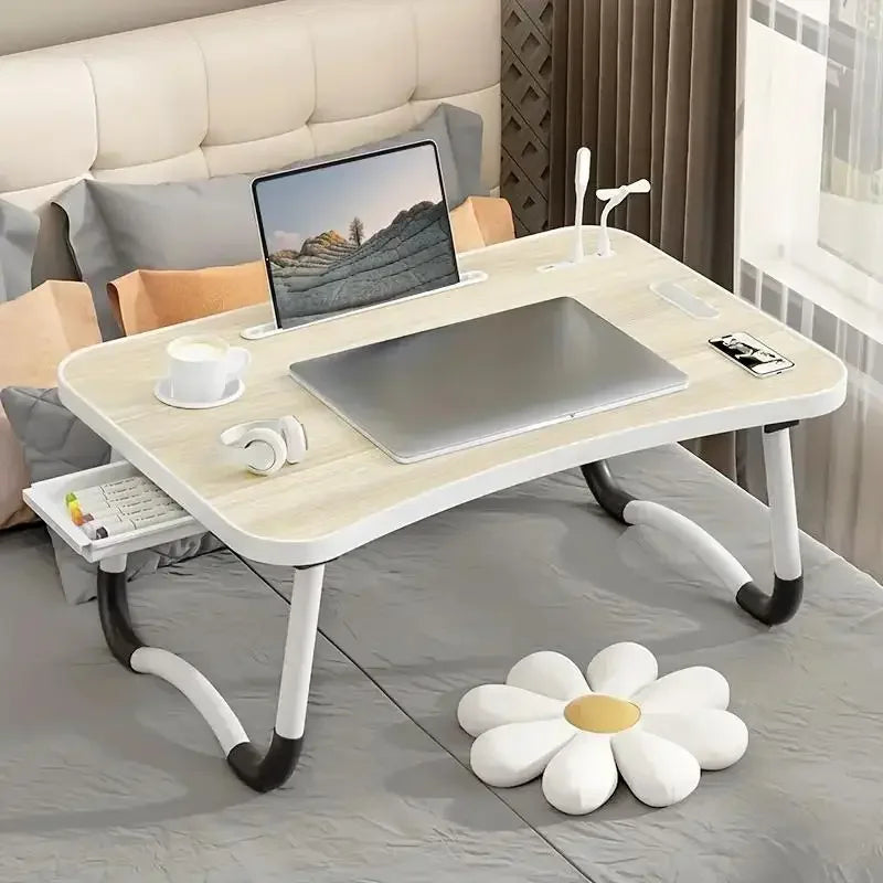 Portable Laptop Desk with USB Light & Fan, Built-in Cup Holder & Tablet Slot, Foldable Adjustable Laptop Table for Bed Sofa Work