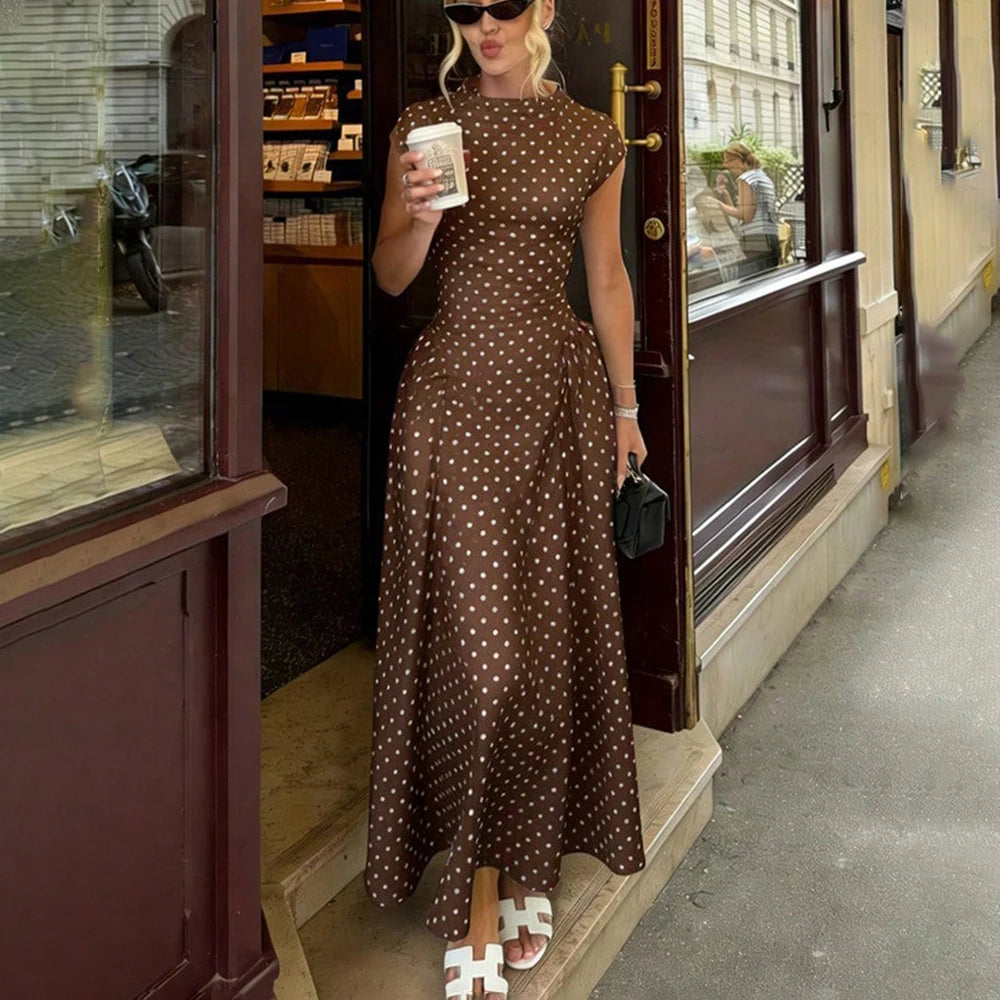 Talenza White Polka Dot Long Dress Summer Sexy High-Waisted Vintage Print Sleeveless Dress Casual Party Vacation New Women Dress