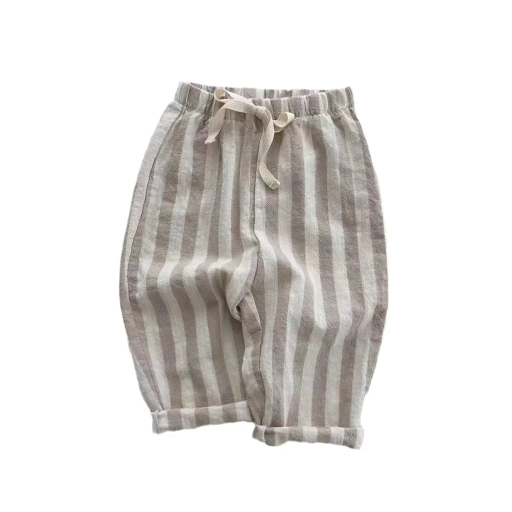 Spring Baby Boys Stripe Pants Cotton Casual Linen Elastic Trouers Toddler Infant Kids Girls Loose Pants