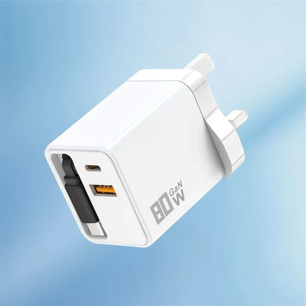 80W GaN USB Type C Charger Fast Charging With Built-in PD Cable USB C Quick Charger EU/US/UK Plug For iPhone 17 16 Xiaomi Huawei