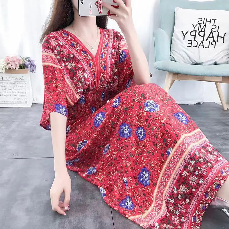 2025 Summer New Casual Elegant Retro Bohemian Style V-neck Elastic Waist Large Swing Printed Long Skirt Autumn Summer Dress