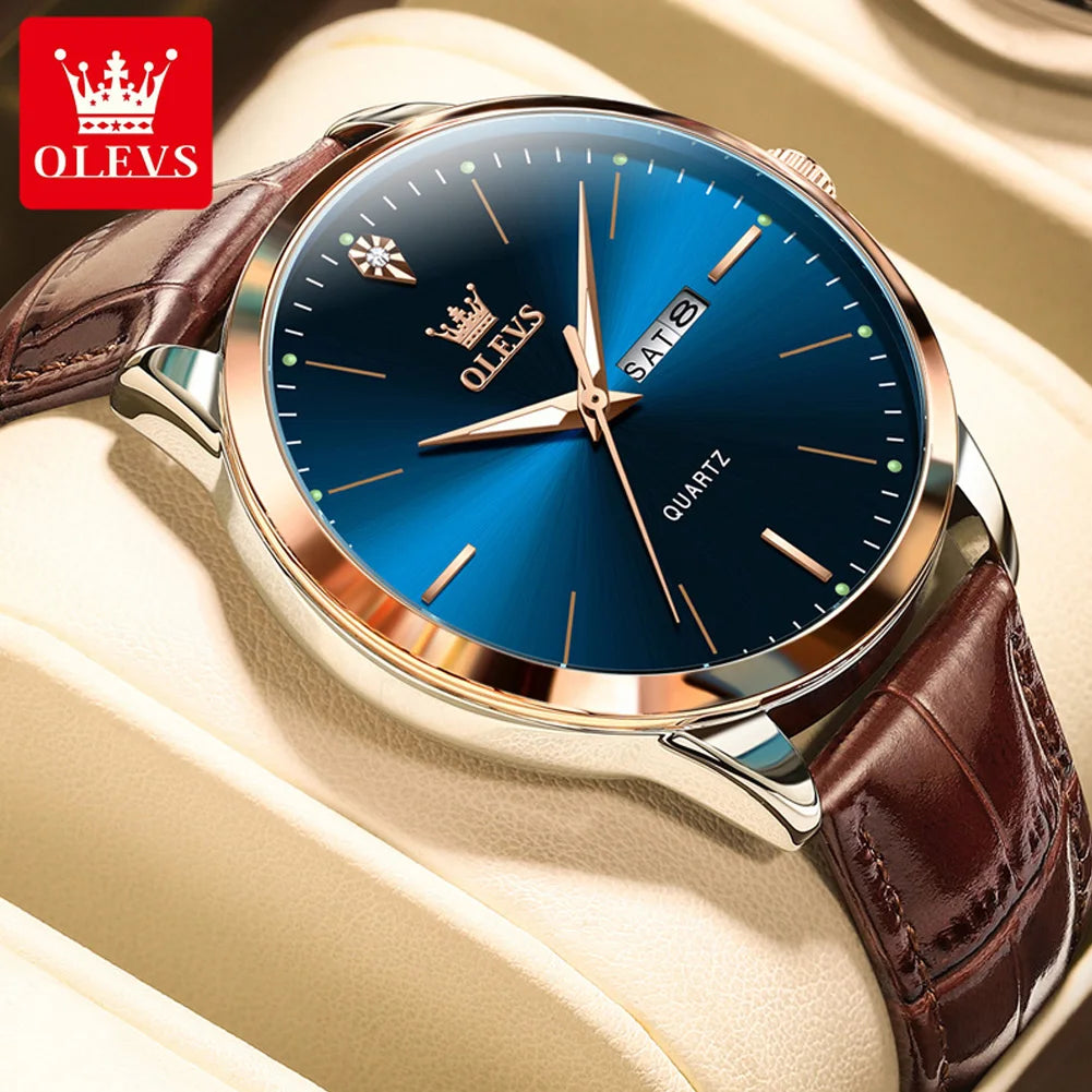 OLEVS 2935 Fashion Business Brand Men Watches Leather Strap Trend Week Calendar Quartz Watch Luminous Waterproof 43mm Dial