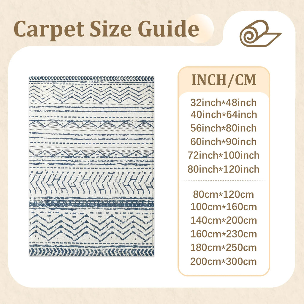 Large Indoor Area Rug: Soft Velvet, Low Pile, Non-Slip Dotted Backing, Machine Washable Navy Blue Tribal Geometric Zigzag Striped Rug for Living Room, Bedroom, Entryway