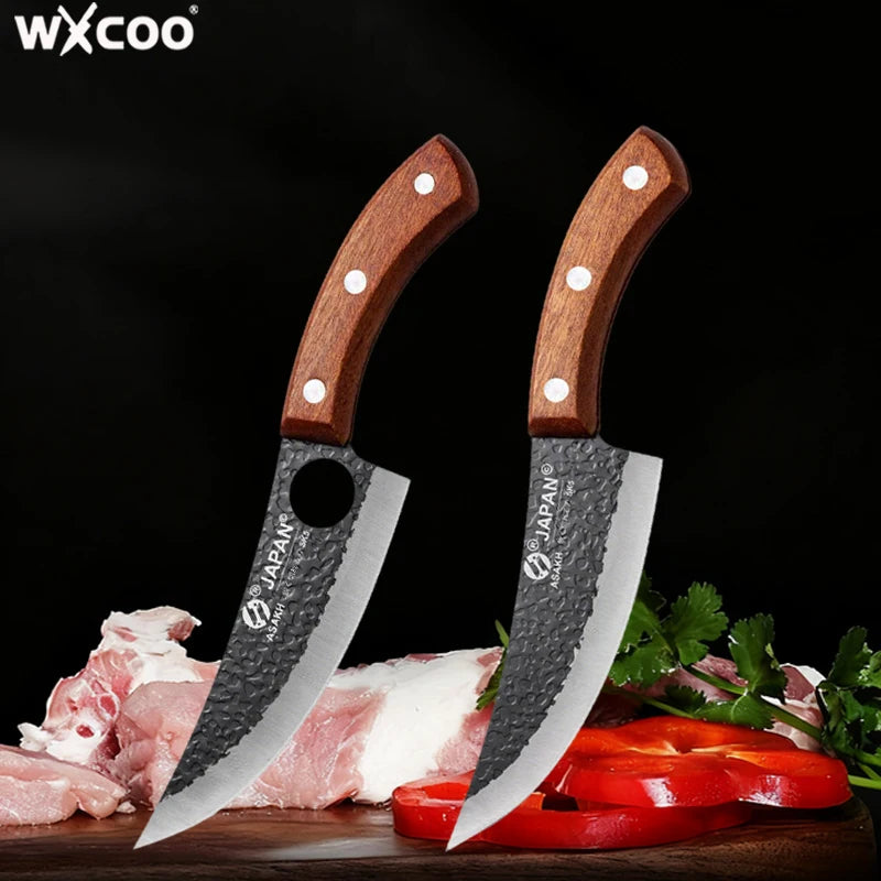 WXCOO Professional Hand Forged Butcher Knife with Wooden Handle Stainless Steel Boning Knife Cutter Full Tang Kitchen Knife