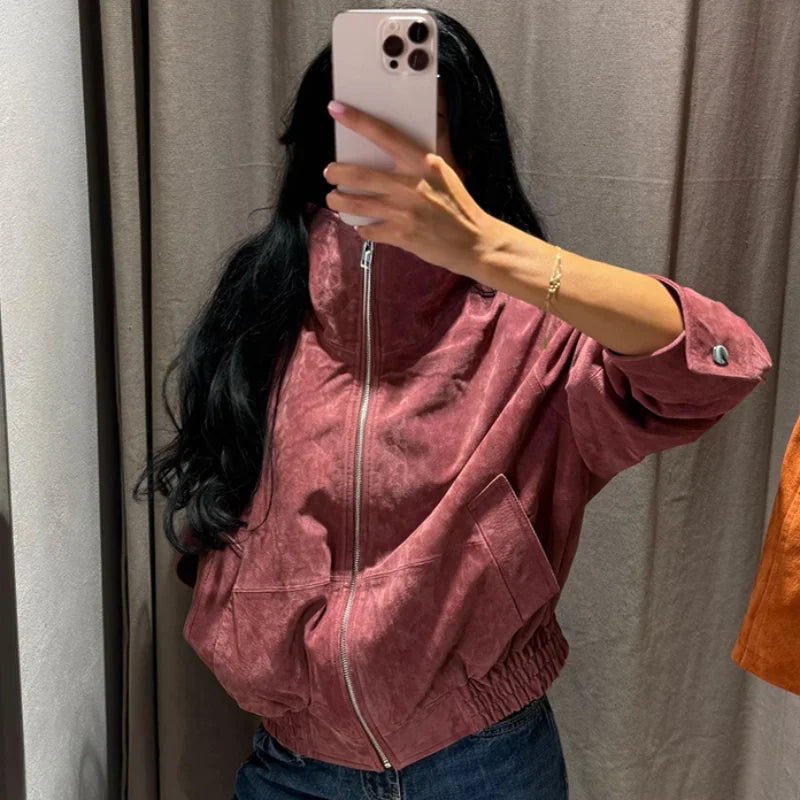 Fashion Dark Gray Suede Bomber Jacket Women Stand Collar Full Sleeve Oversize Asymmetric Street Coats 2026 Autumn Lady Jackets