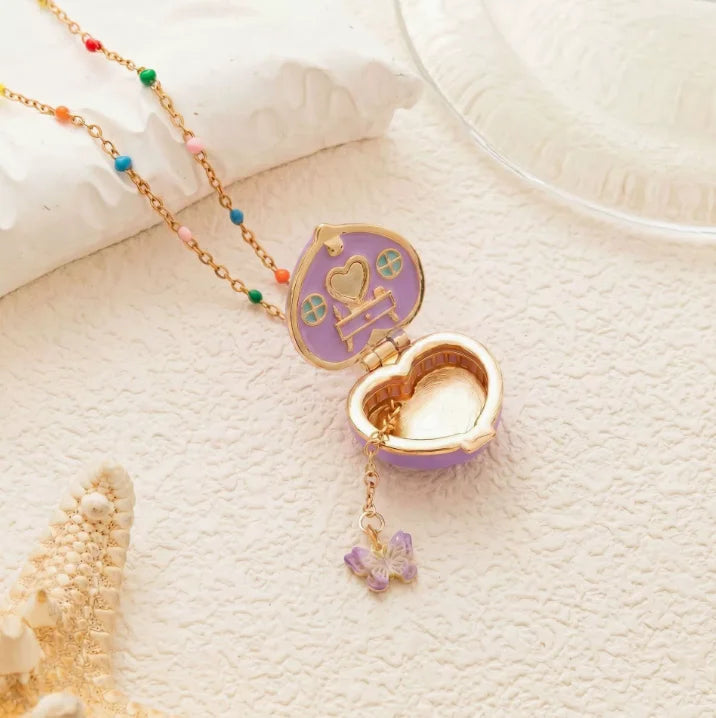 Fairy Tale Gingerbread House Necklace Open and Close Pendant Necklace Women Girls Enamel House Girl Necklace Jewelry Accessory