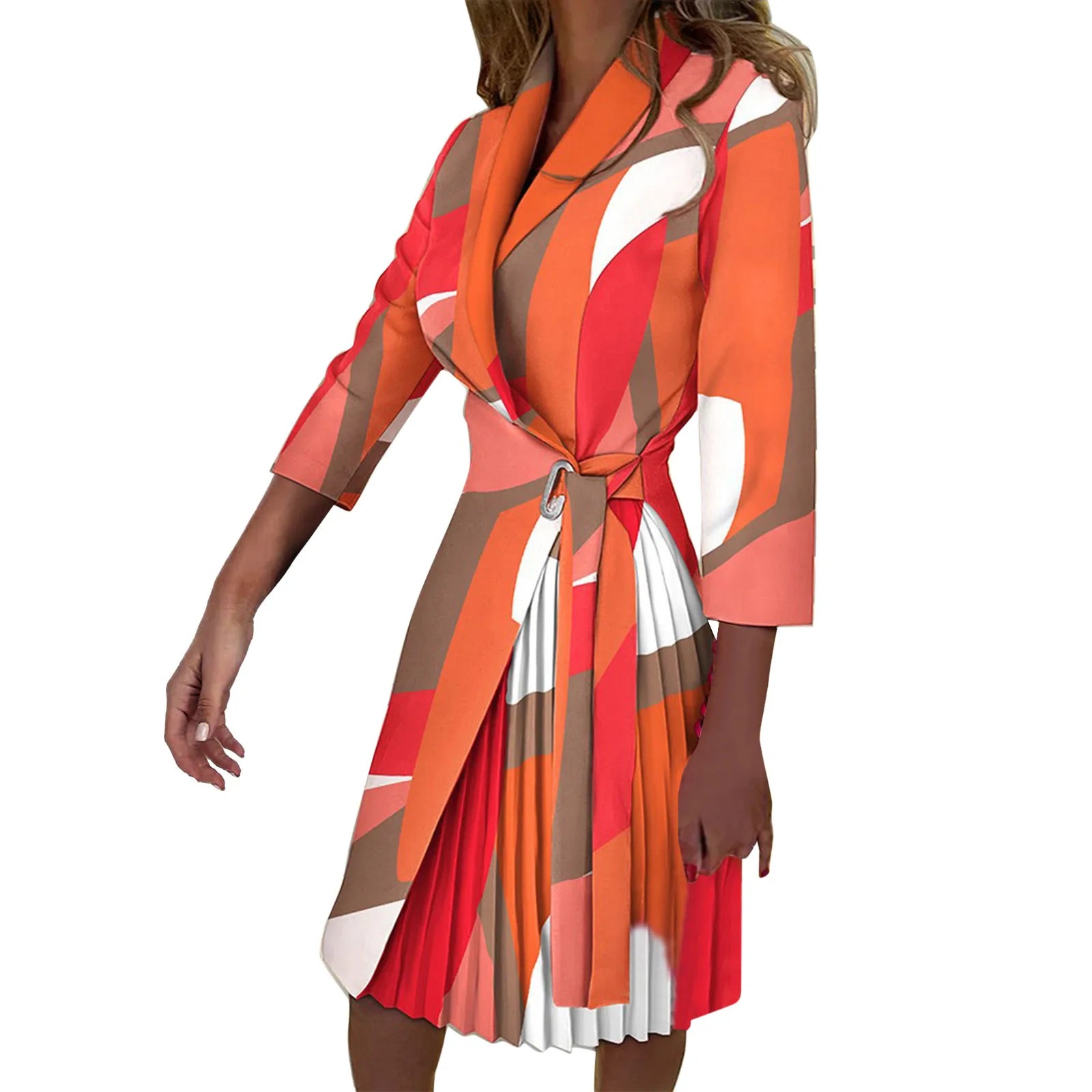 Autumn Fashion Women Patchwork Pleated Blazer Dress Elegant 3/4 Sleeve Lapel Lace-Up Dress Elegant Office Lady Slim Party Dress