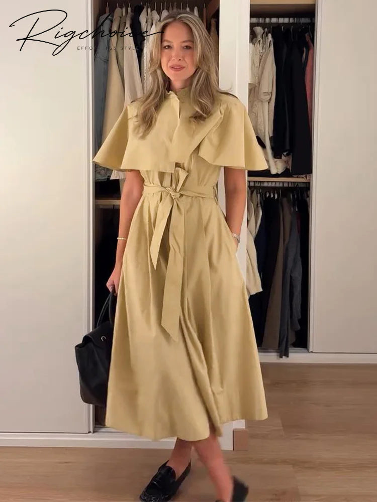 Women's Trench Style Midi Dress Stand Collar Cape Overlay Short Sleeve Belted Waist A‑Line Dresses Autumn Elegant Office Outfits