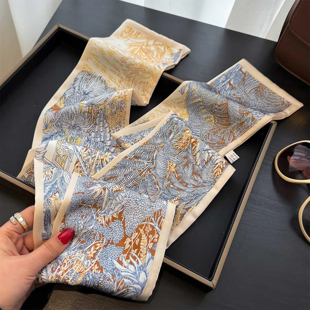 Floral Print 12*145cm Long Ribbon Silk Scarf Women Neck Scarves Headband Female Skinny Neckerchief Hair Band Neck Tie Bag Ribbon