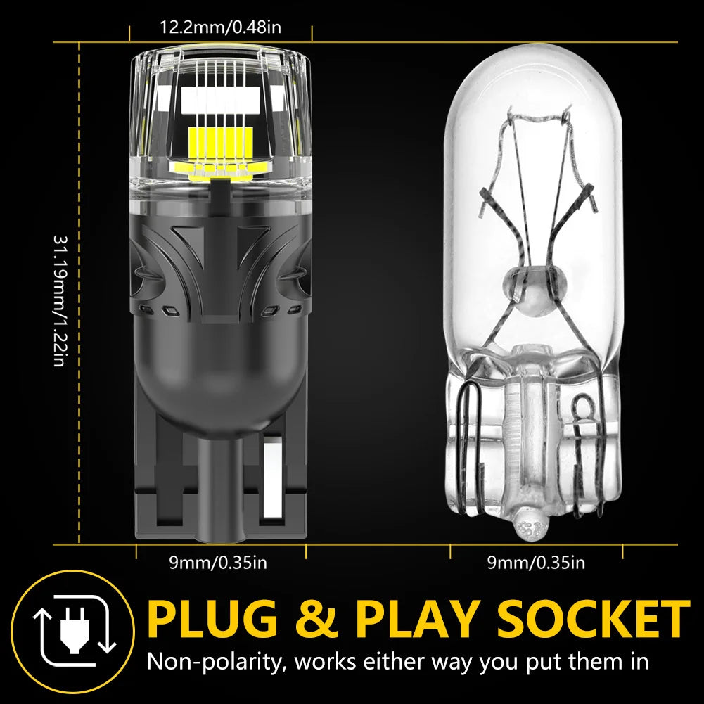 2Pcs Canbus T10 LED W5W LED Bulb No Error Car Interior Trunk Lights Side Marker License Plate Lamp White Super Bright