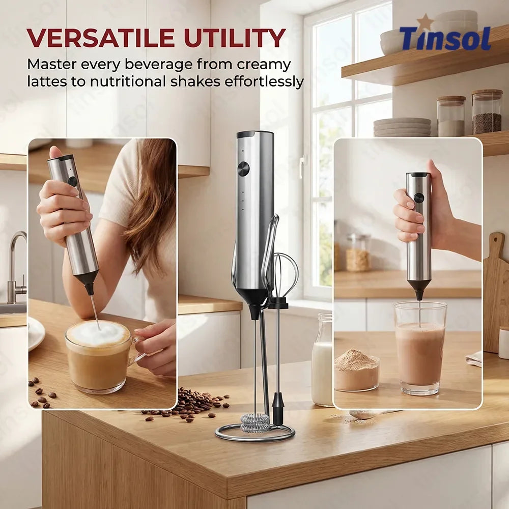 TINSOL Stainless steel electric milk frother, wireless milk frother, equipped with two types of whisks, Type-C rechargeable