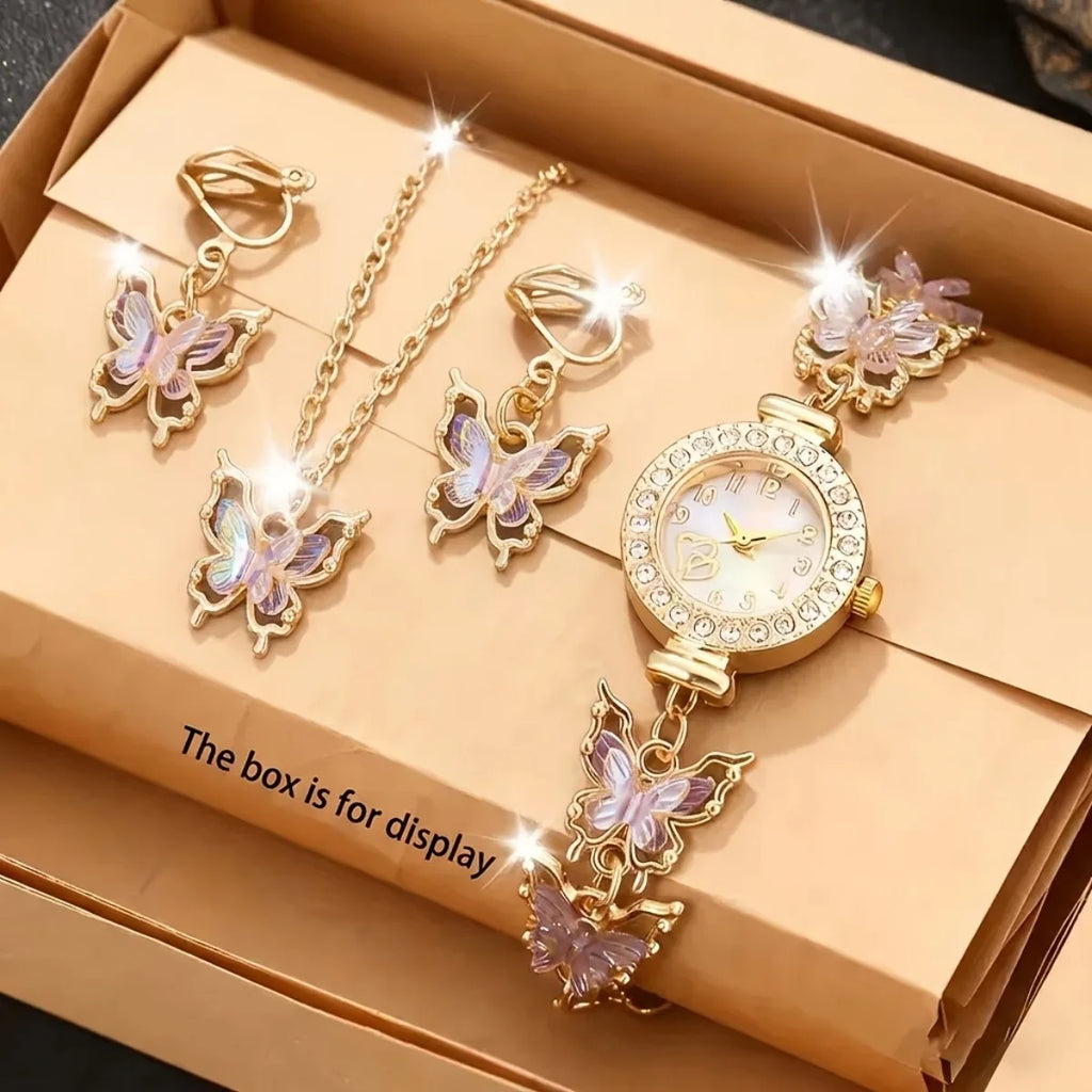 4PCS Elegant Rhinestone Women Watch Butterfly Jewelry Set Fashion Ladies Quartz Wristwatches Necklace Earrings Gift（Without Box）