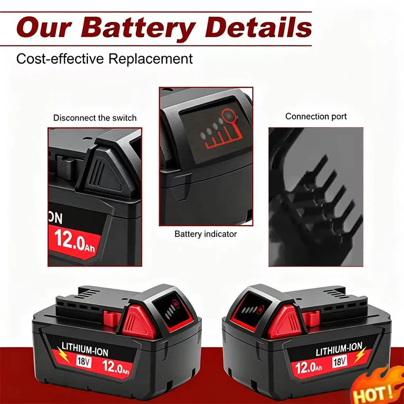 For Milwaukee M18 Power Tool Battery, Charger, BR, XC, 18V 6.0Ah M18B5, 48-11-1860, Milwaukee 18V Battery Built-in 18650 Battery