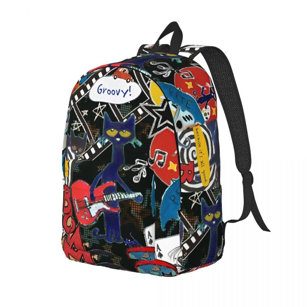 Pete The Cat I Love My White Shoes Backpack High School Business Cartoon Cats Daypack for Men Women Laptop Shoulder Bag