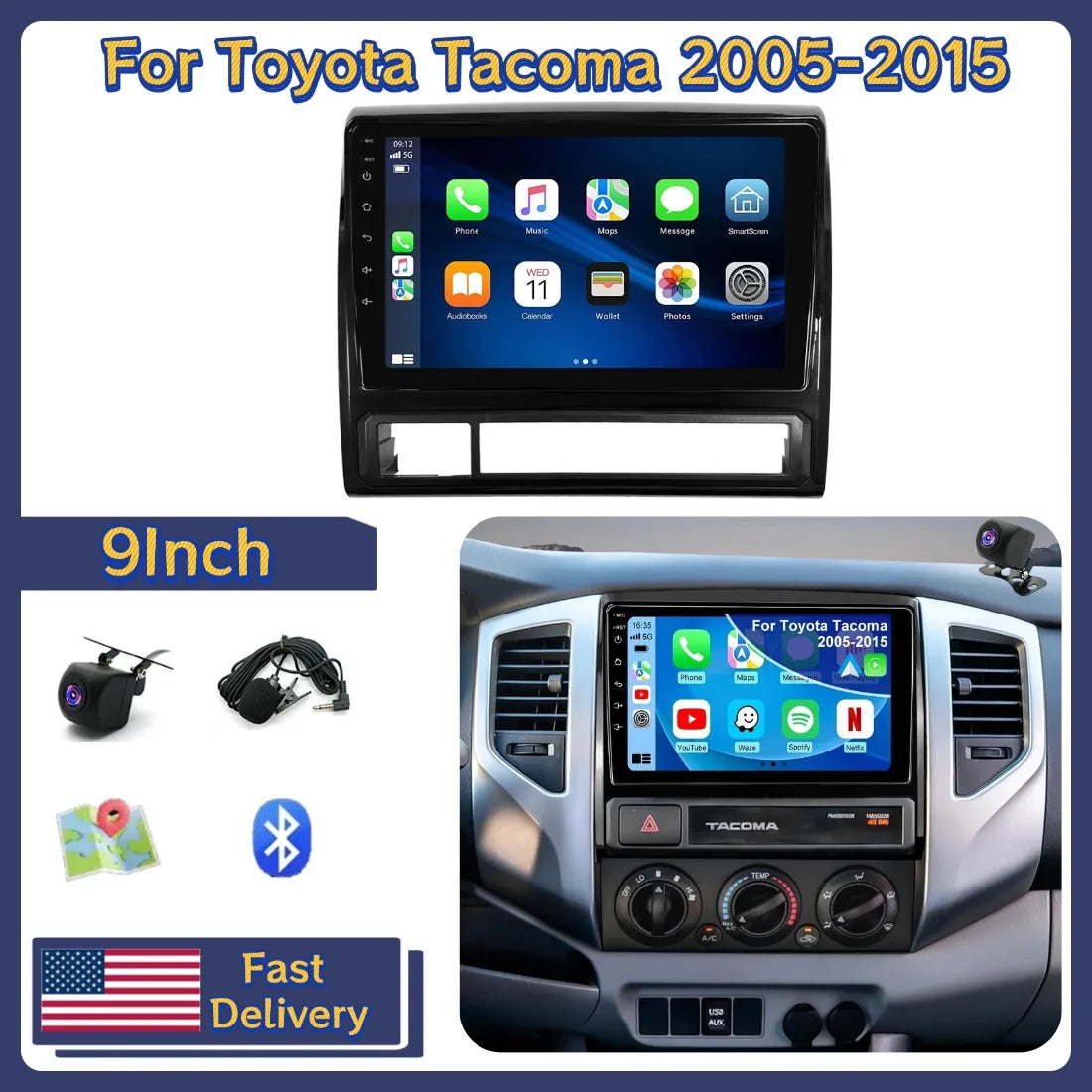 9In 4+64GB Car Stereo Radio For Toyota Tacoma 2005-2015 For Car Player Android15 Android Auto WiFi Bluetooth GPS Navi Head Unit