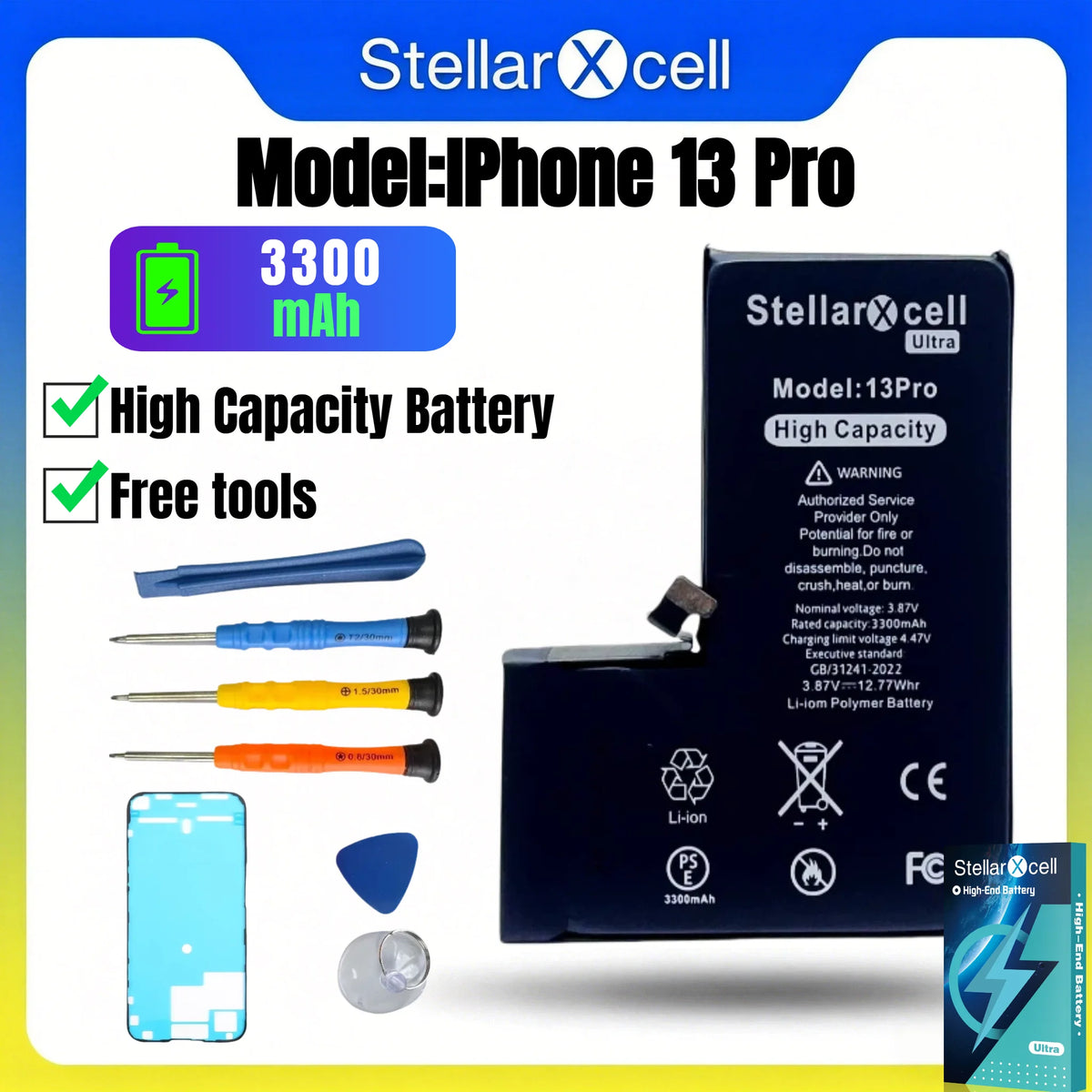 StellarXcell Ultra Original Battery High Capacity Cell for iPhone 7037 TI for 11 12 13 14 15 Pro Plus promax mini with Free Tool