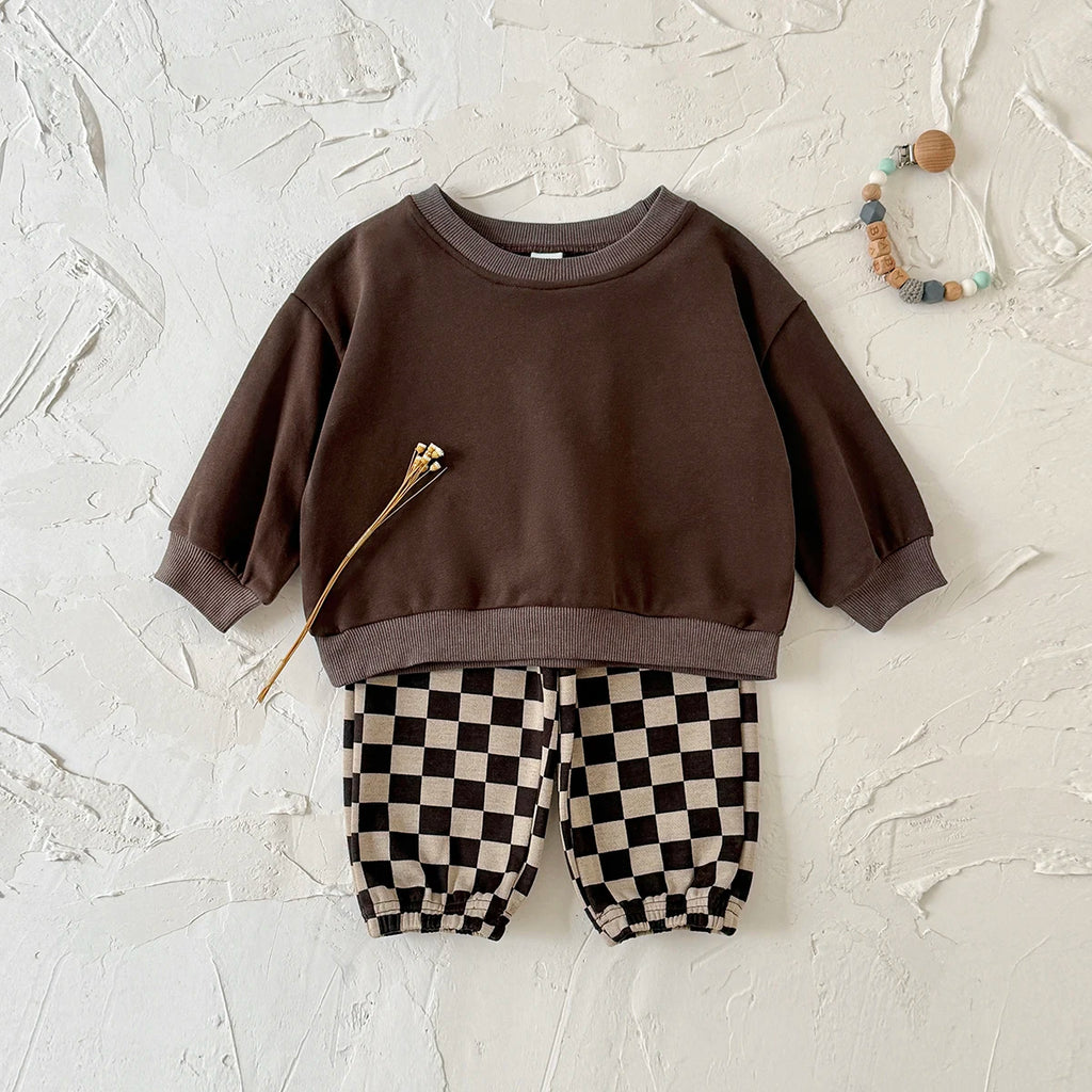 Autumn Fashion Newborn Baby Boys Girls Clothes Comfort Outfit Solid Color Long Sleeves Top+Chessboard Pattern Pants 2Pcs/set