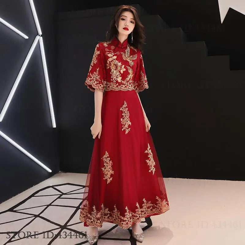 Chinese Style Bride Wedding Dress Elegant Embroidery Tulle Women Dress Evening Party Dress Classic Mandarin Collar Vestidos 3XL