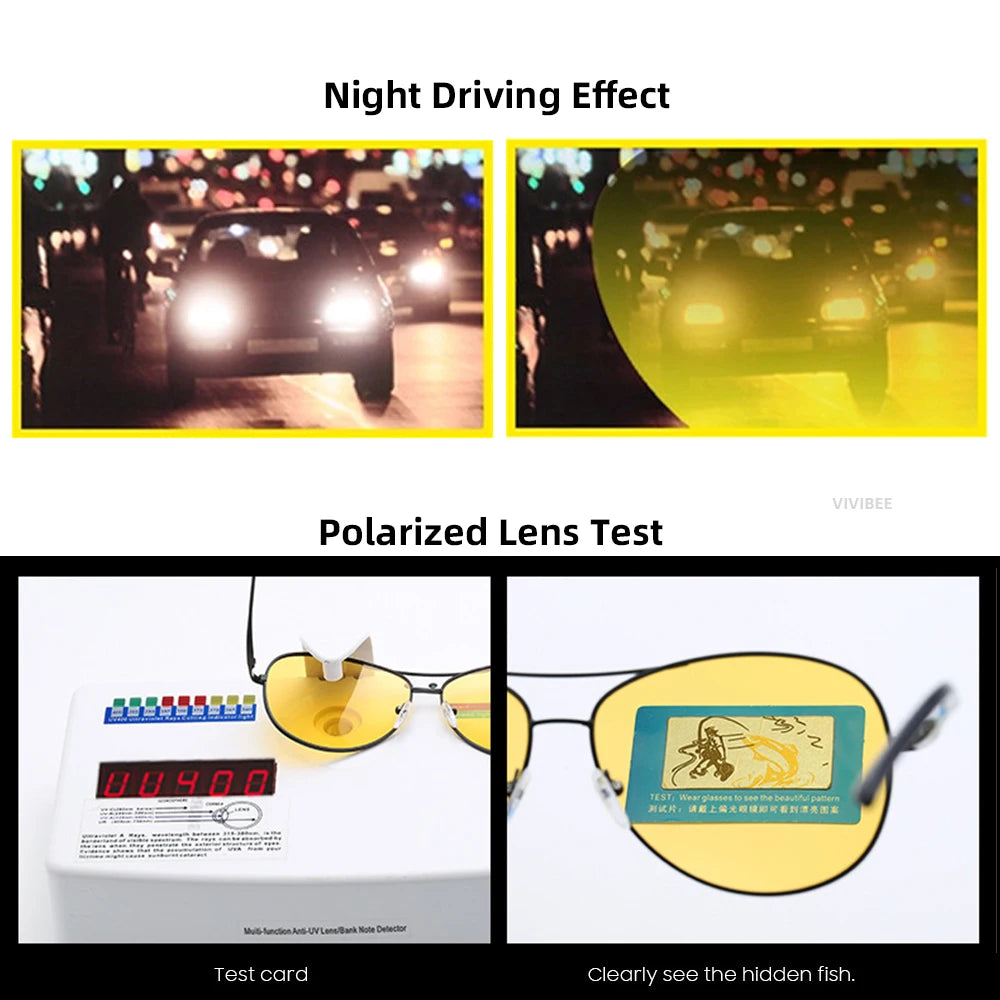 VIVIBEE Metal Aviation Night Vision Glasses for Men Driving Yellow Polarized UV400 Lens Pilot Goggles Nightvision Sunglasses