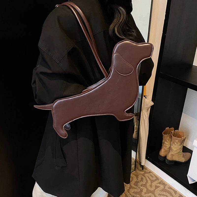 Three-dimensional Dachshund Shoulder Bag PU Leather Retro Handbag Design Underarm Bag For Women Trend Commut Bag