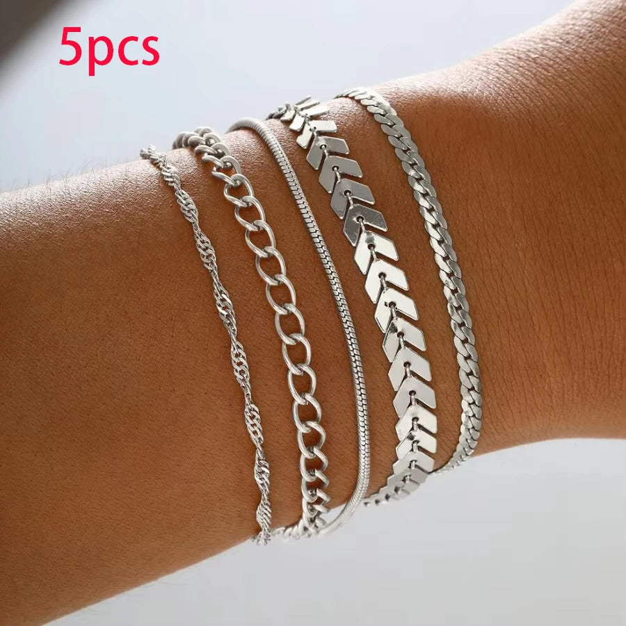 5/15 Pcs Set Silver Color Chain Bead Bracelets for Women Simple Elegant Vacation Beach Party Casual Jewelry Versatile Daily Wear