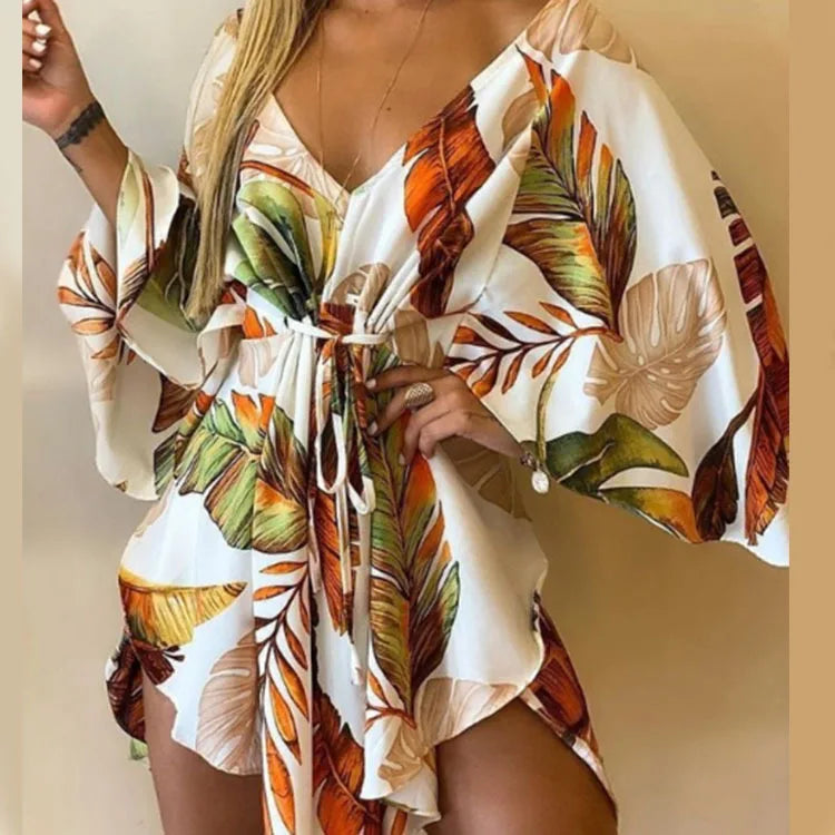 Sexy V Neck Long Batwing Sleeve Floral Print Loose Asymmetrical Dress Summer Women Irregular Leaf Print Party Boho Dresses