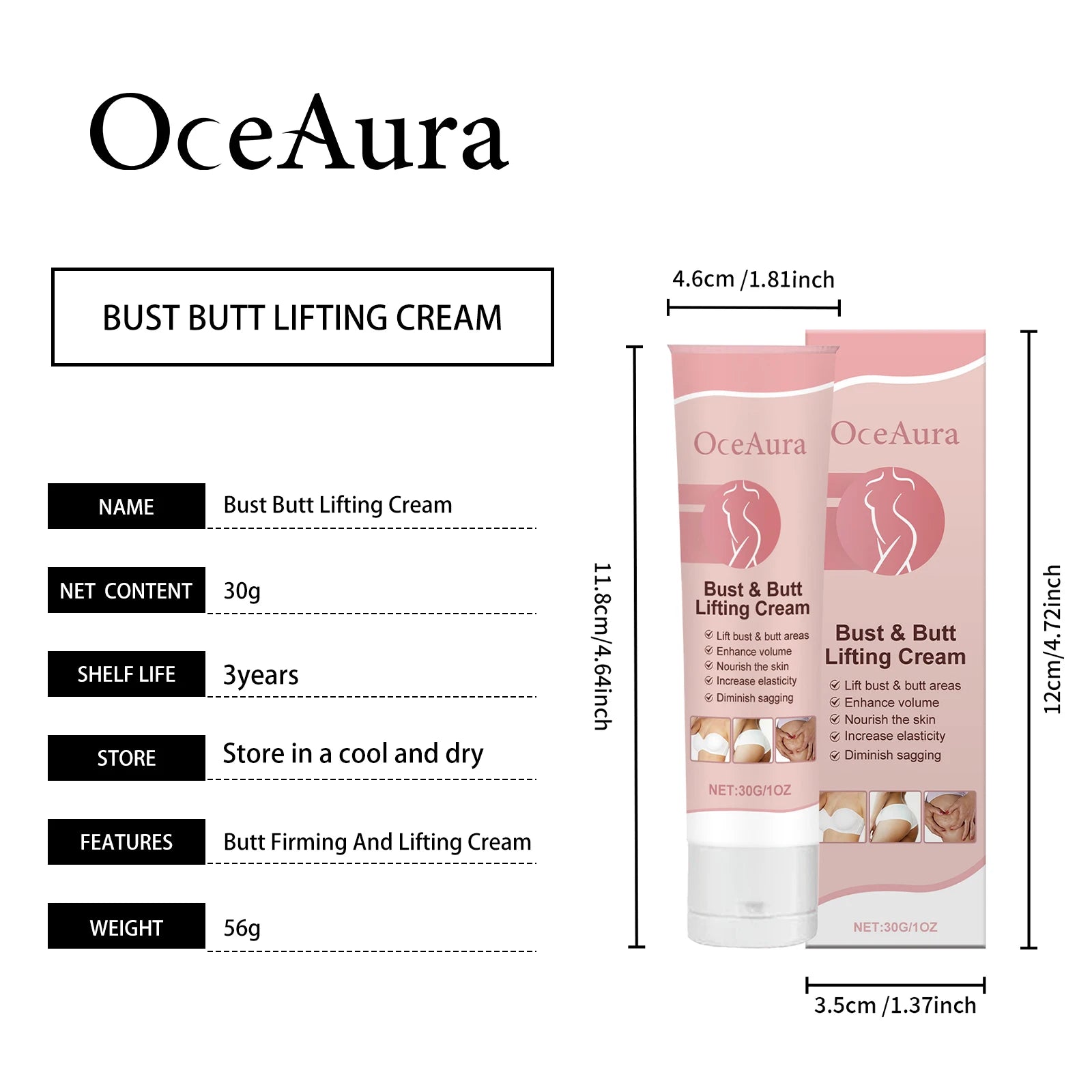 OceAura Hip & Breast Firming Cream - Deep Moisturizing Body Care for Chest & Hip Skin, Nourishing Smooth Formula to Tighten