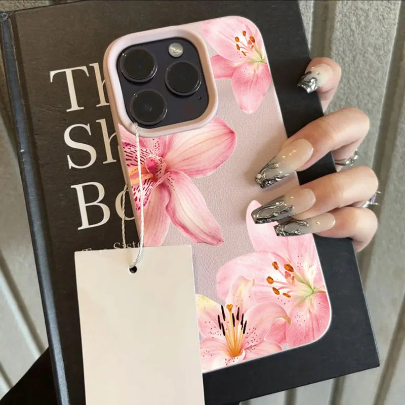 Pink Lily Flower Print Phone Case For iPhone 17 16 15 14 13 12 11 Pro Max Elegant Floral Leather Soft Protective Back Cover