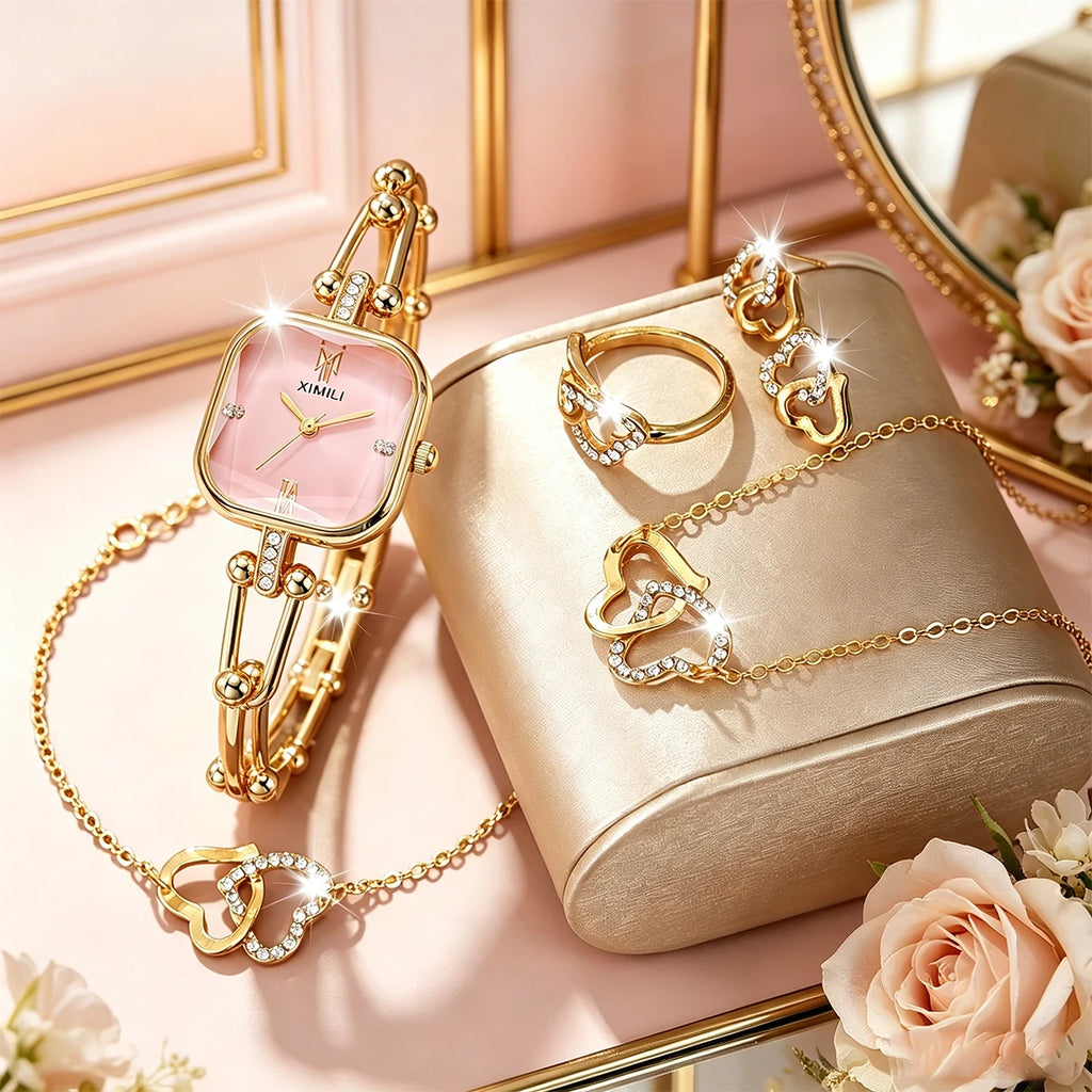 6pcs Elegant Square Women Quartz Watch Jewelry Set Fashion Ladies Wristwatches Rhinestone Necklace Ring Earring Accessories Gift